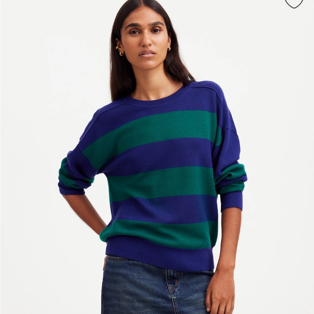 Merino Wool Pullover Sweater Striped Cobalt Blue and Green Women's Sweater XS